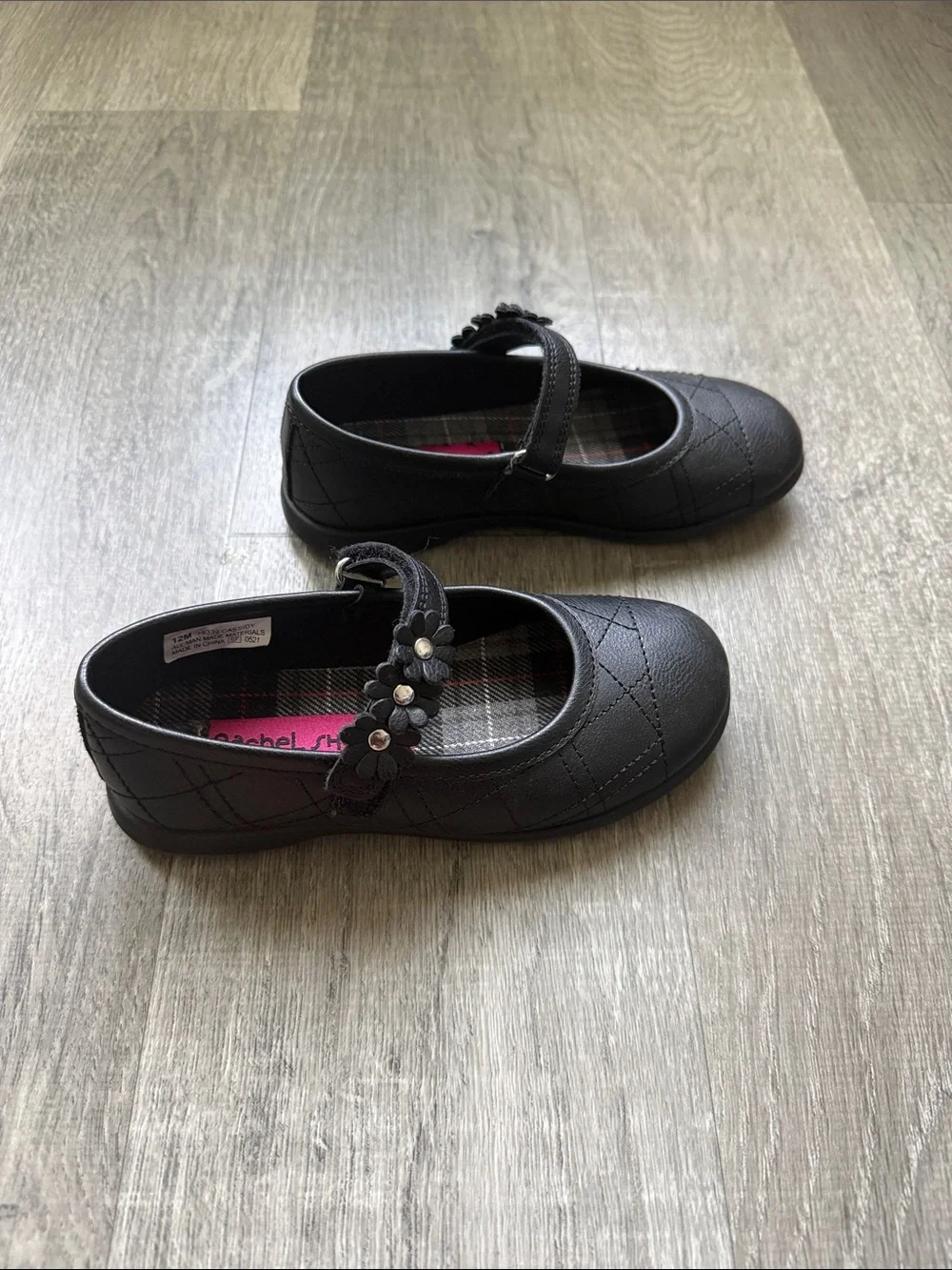 Rachel Black Mary Jane Flats with Flower Strap Accent